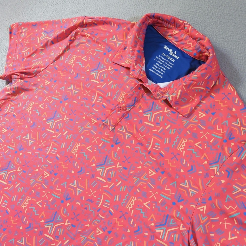 Birdie Bound Golf Polo Mens XL Coral Pink Abstract Geometric Performance Shirt